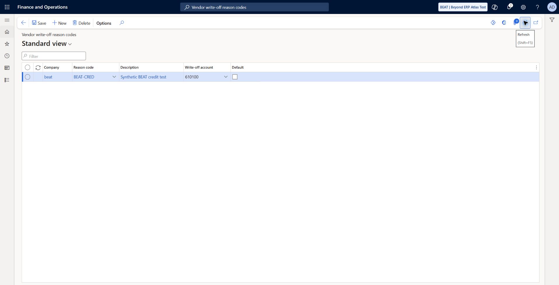 Vendor write-off mapping saved: Accounts payable > Setup > Vendor write-off reason codes: company beat, existing synthetic BEAT-CRED reason, write-off account 610100, Default No saved and refreshed. No vendor write-off transaction executed. Test3 synthetic BEAT, 2026-10-07, application 10.0.47.
