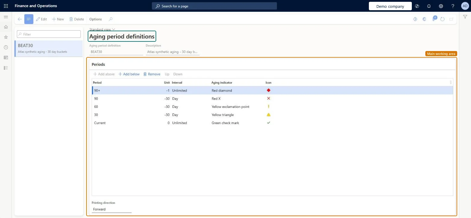 Aging period definitions page in Dynamics 365