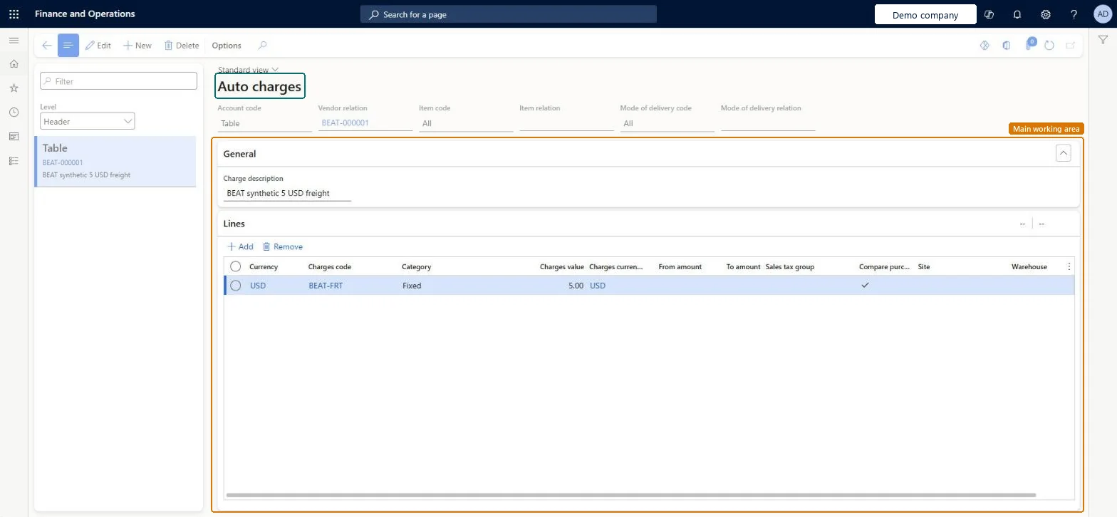 Automatic charges page in Dynamics 365