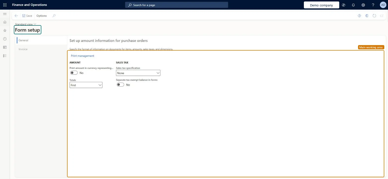 Form setup page in Dynamics 365