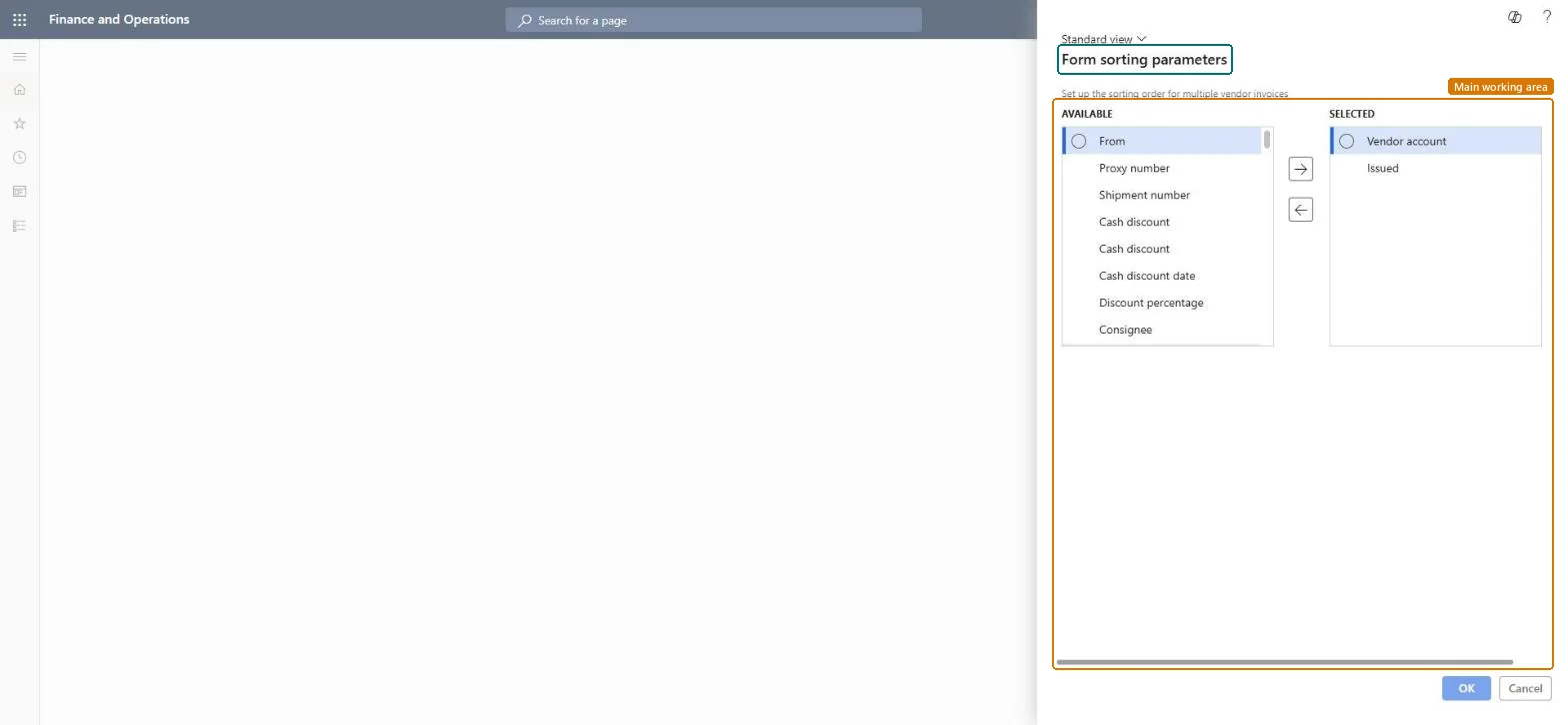 Form sorting parameters page in Dynamics 365