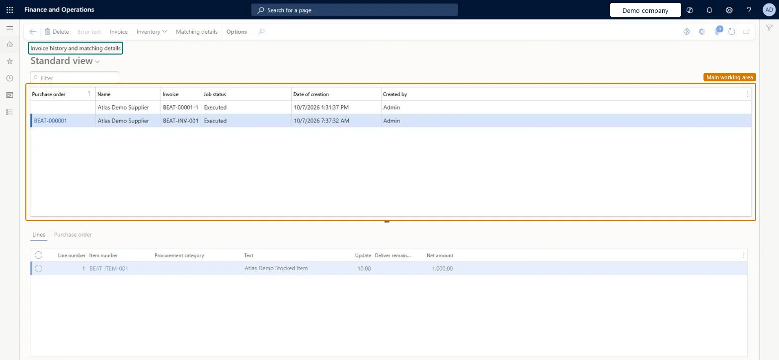 Invoice history and matching details page in Dynamics 365