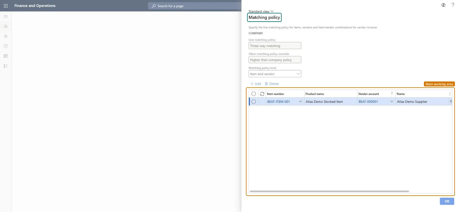 Matching policy page in Dynamics 365
