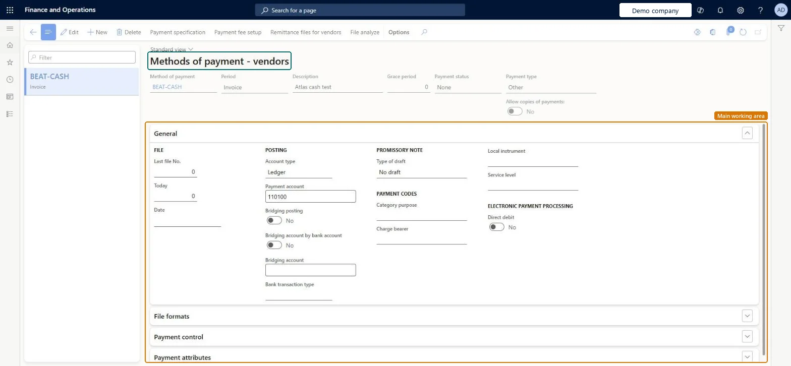 Methods of payment page in Dynamics 365