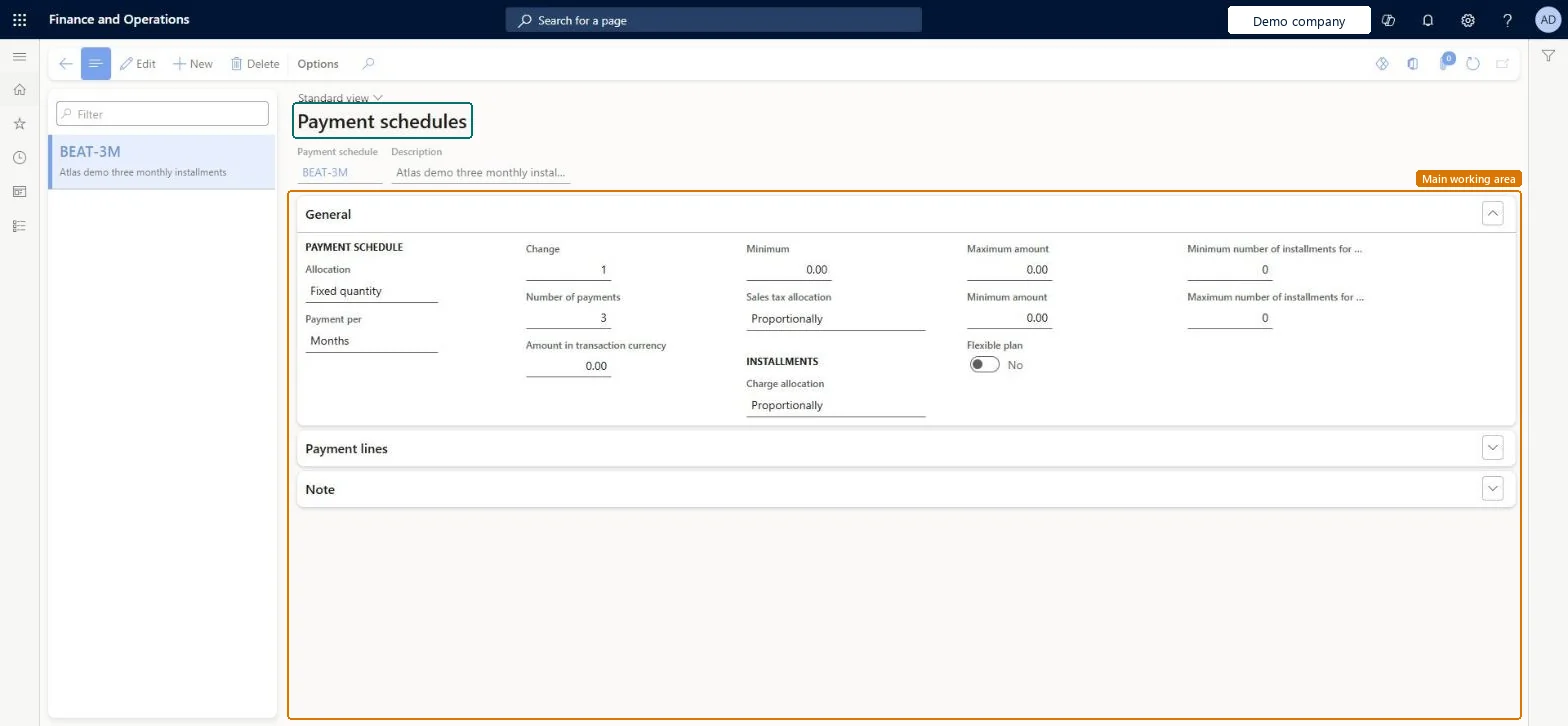Payment schedules page in Dynamics 365