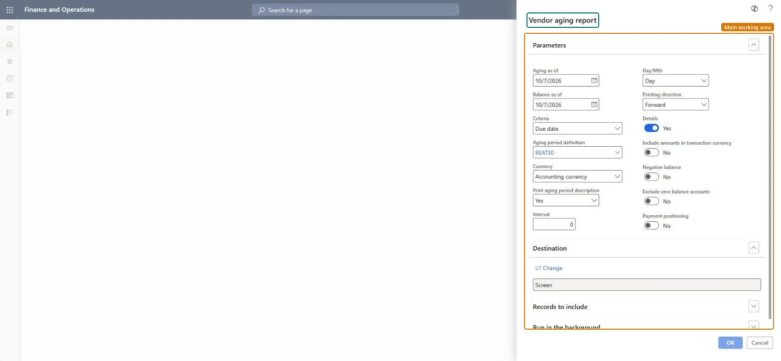 Vendor aging report page in Dynamics 365