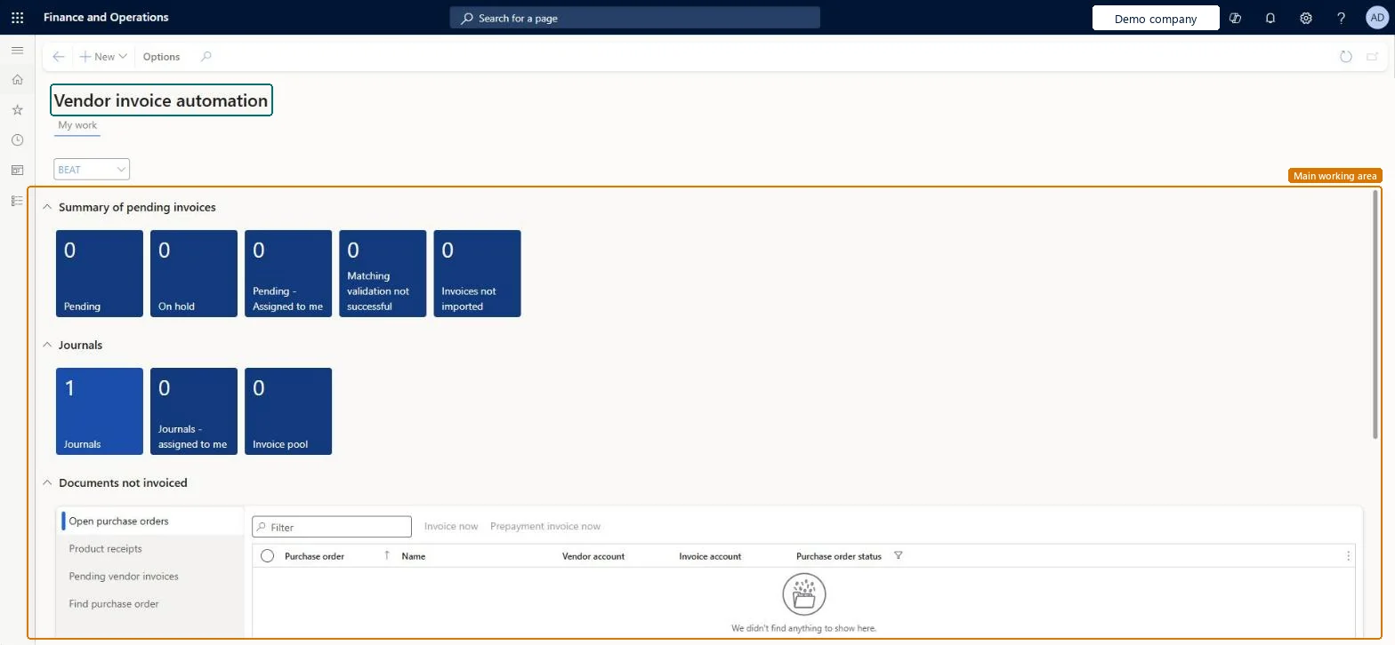 Vendor invoice automation page in Dynamics 365