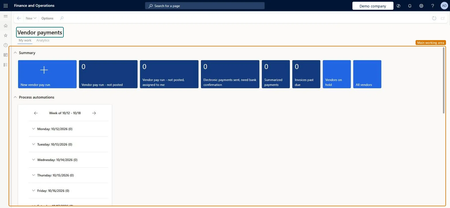 Vendor payments page in Dynamics 365