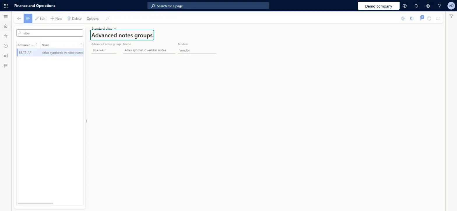 Vendors advanced notes groups page in Dynamics 365