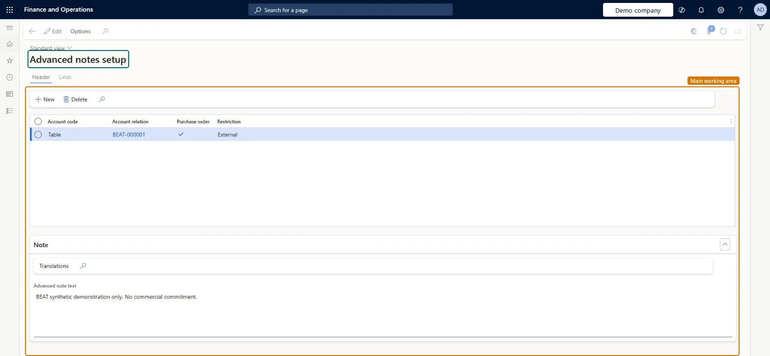 Vendors advanced notes setup page in Dynamics 365