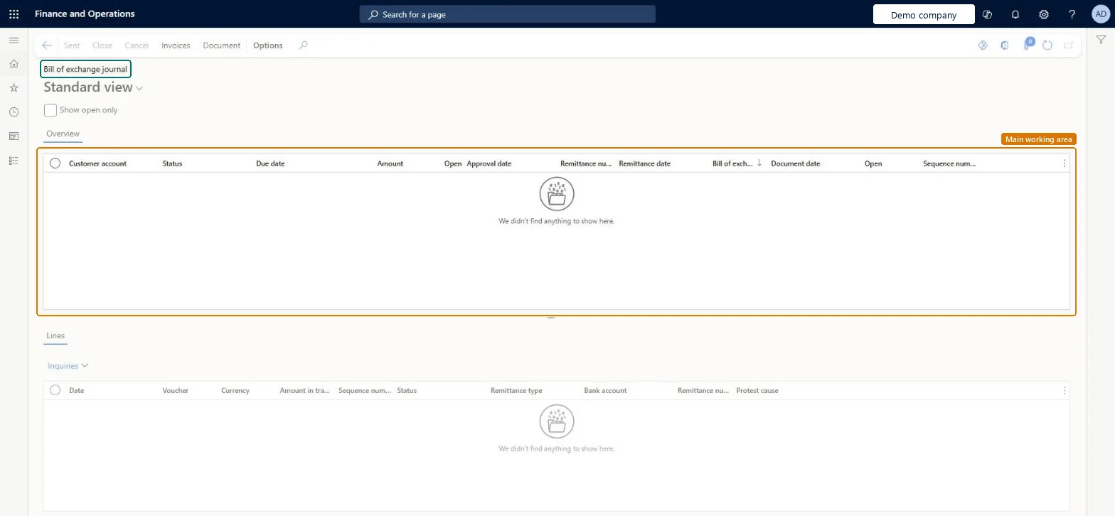 Bill of exchange journal page in Dynamics 365