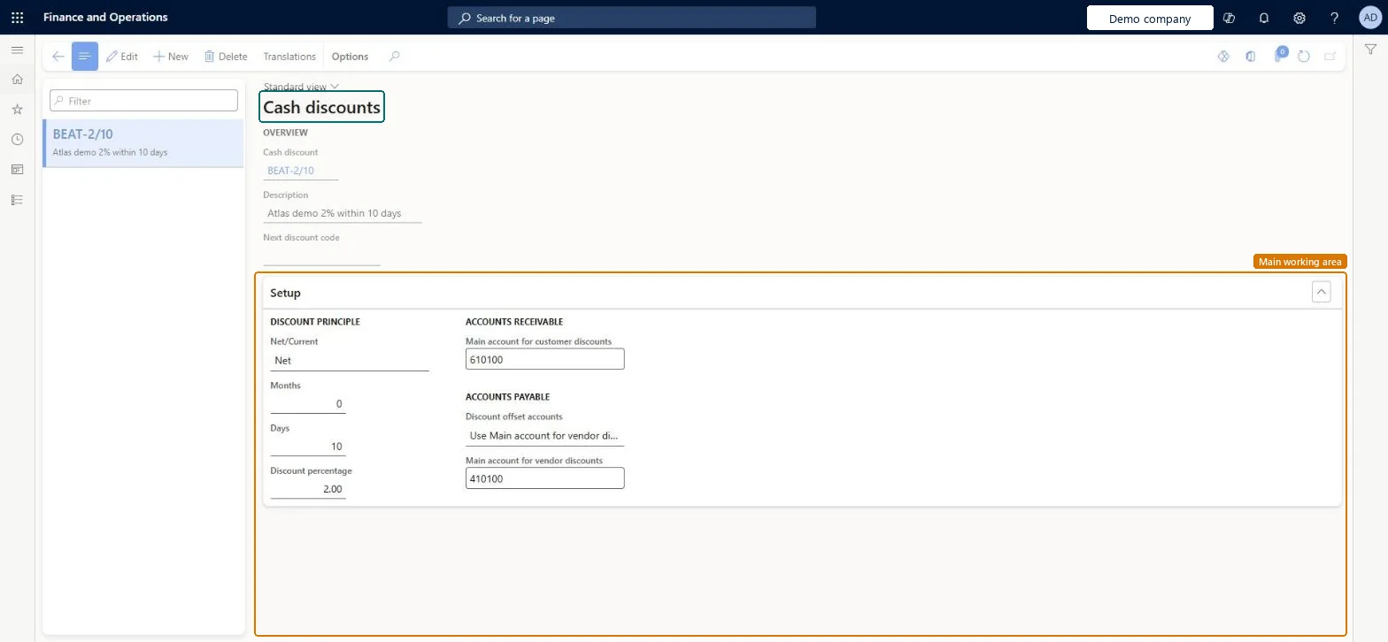 Cash discounts page in Dynamics 365