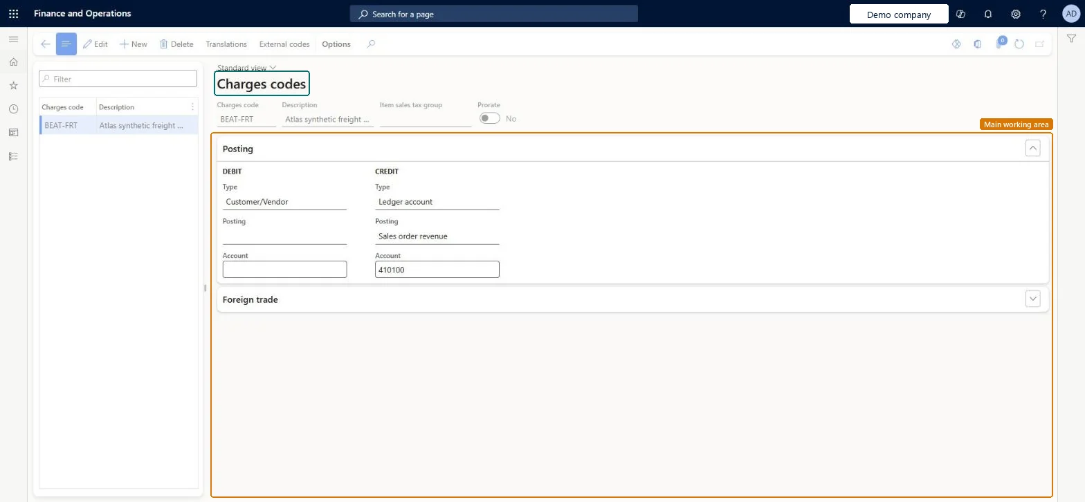 Charges code page in Dynamics 365