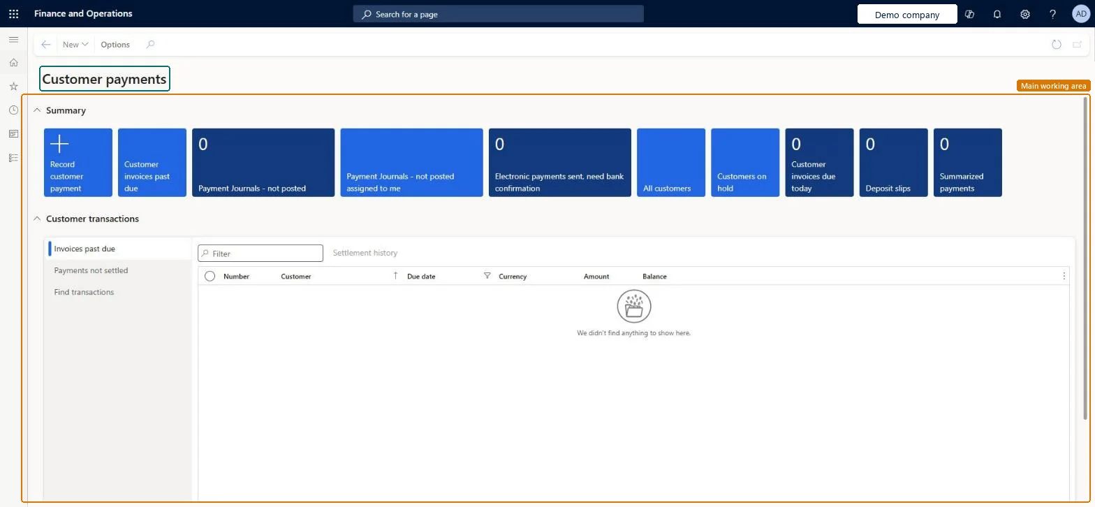 Customer payments page in Dynamics 365