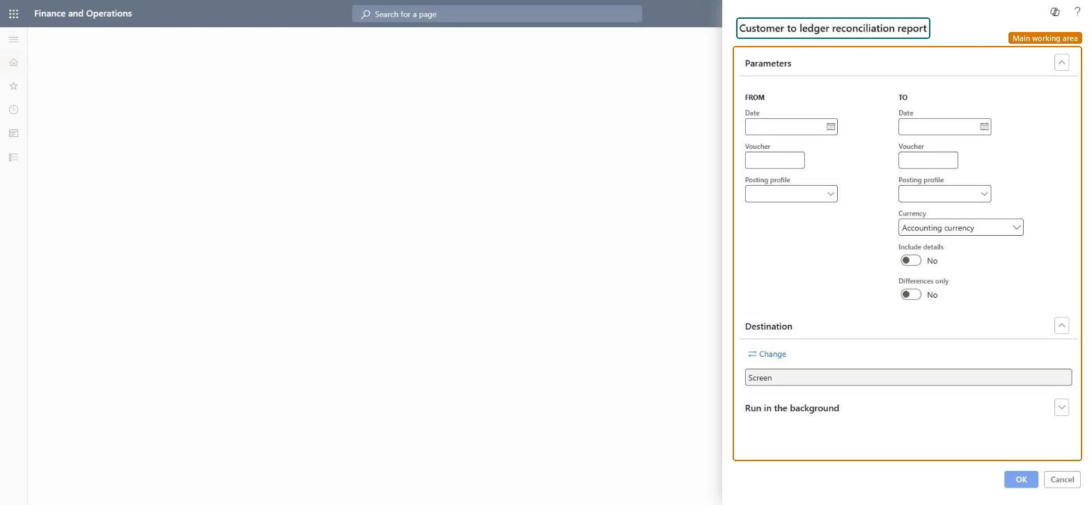 Customer to ledger reconciliation report page in Dynamics 365