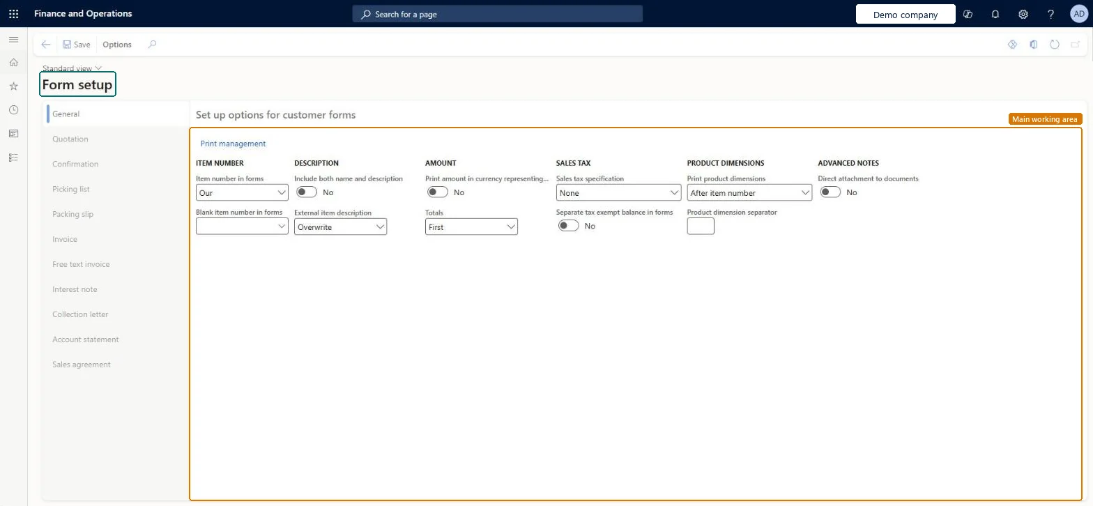 Form setup page in Dynamics 365