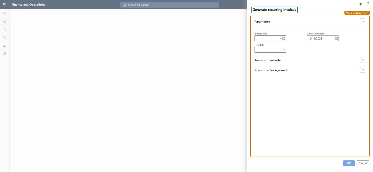 Generate recurring invoices page in Dynamics 365