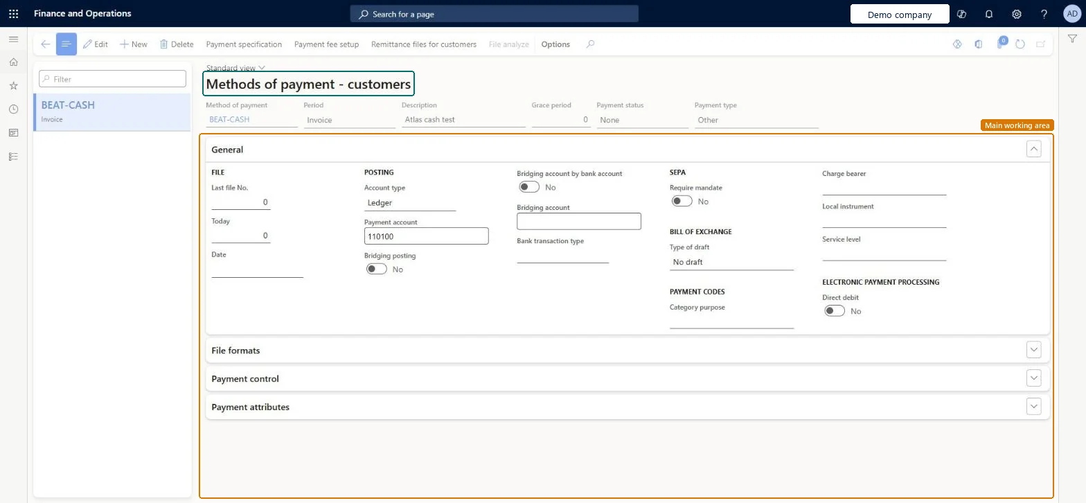 Methods of payment page in Dynamics 365