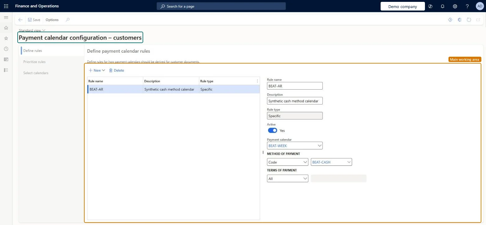 Payment calendar configuration page in Dynamics 365
