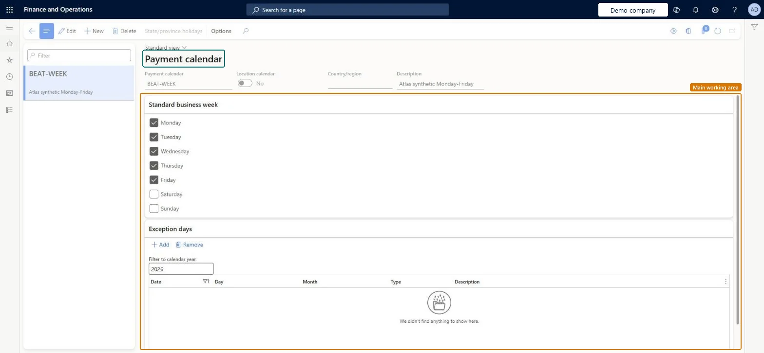Payment calendar page in Dynamics 365