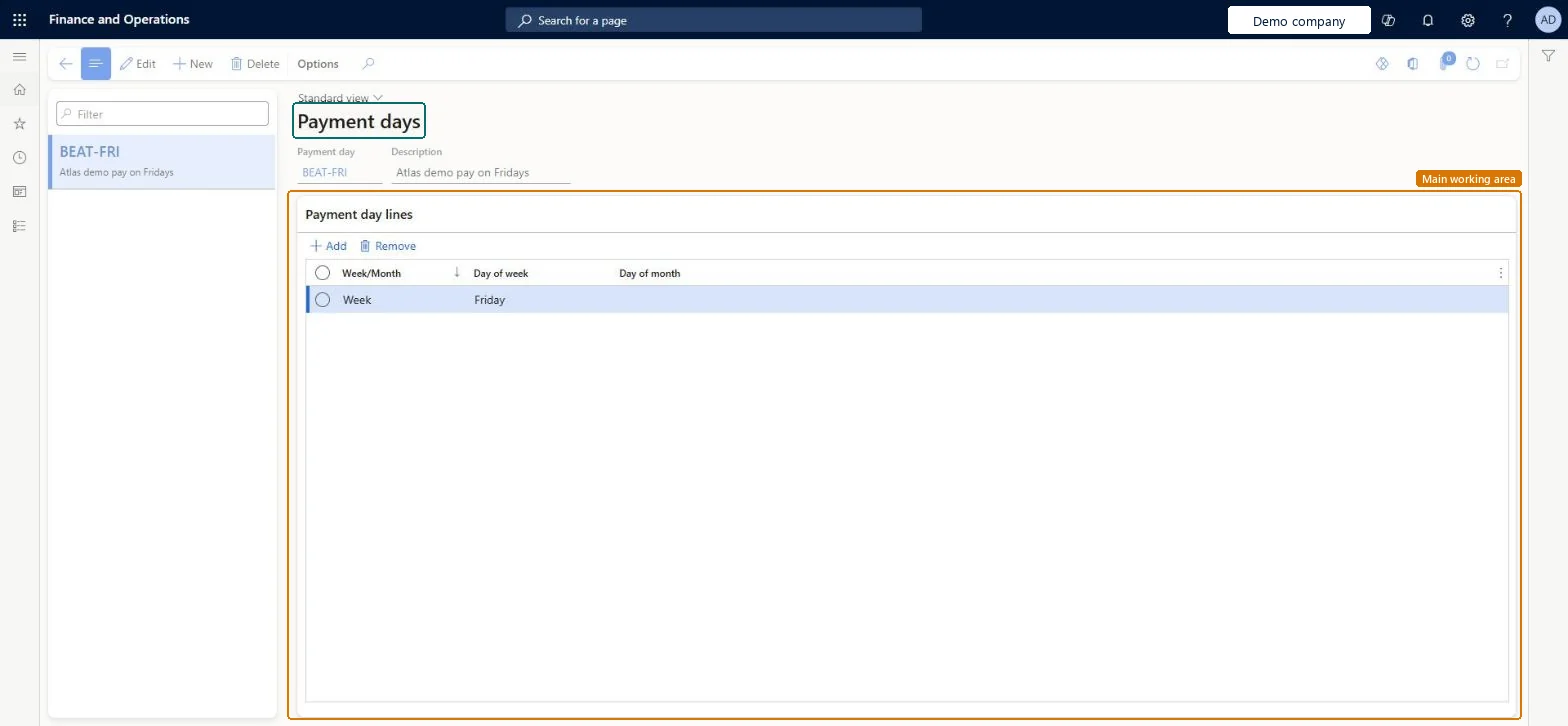Payment days page in Dynamics 365