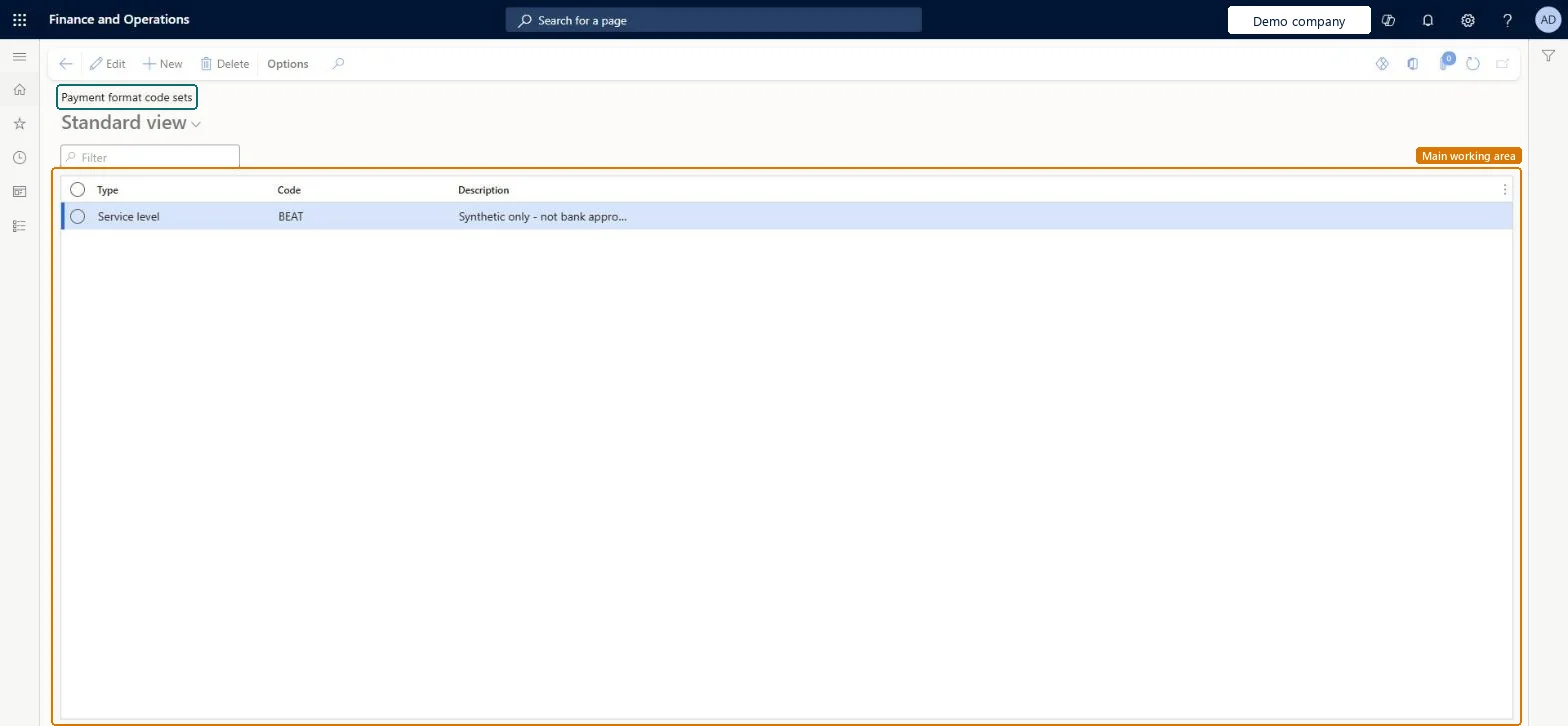 Payment format code sets page in Dynamics 365