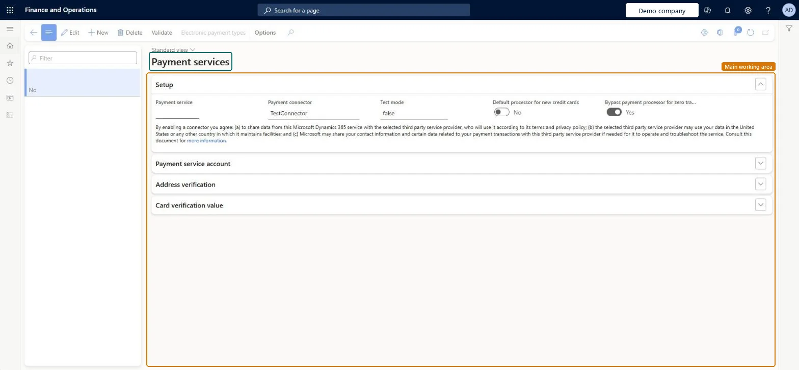 Payment services page in Dynamics 365