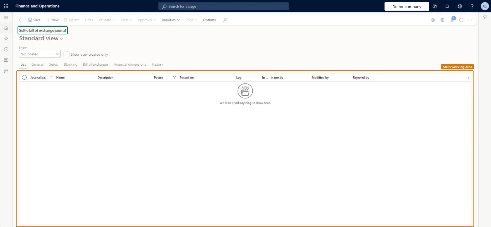 Settle bill of exchange journal page in Dynamics 365