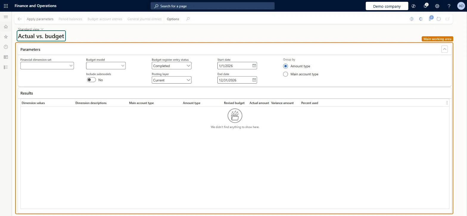 Actual vs. budget page in Dynamics 365
