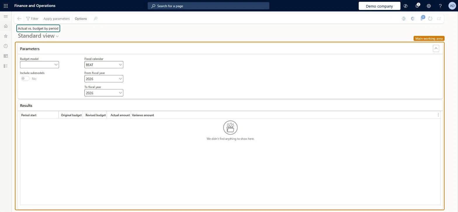 Actual vs. budget by period page in Dynamics 365