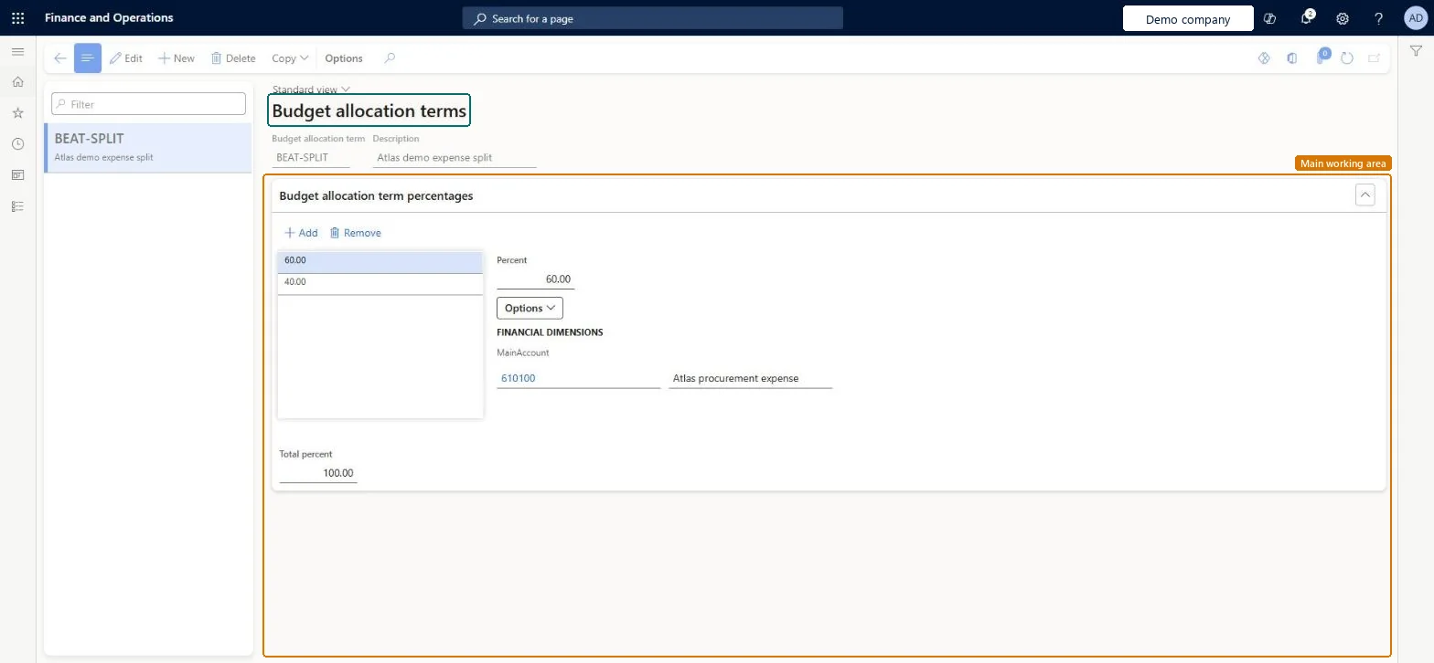 Budget allocation terms page in Dynamics 365