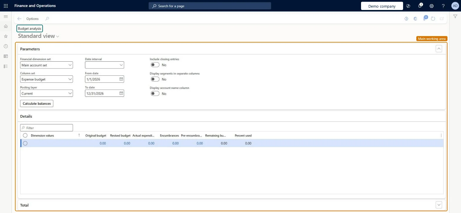 Budget analysis page in Dynamics 365