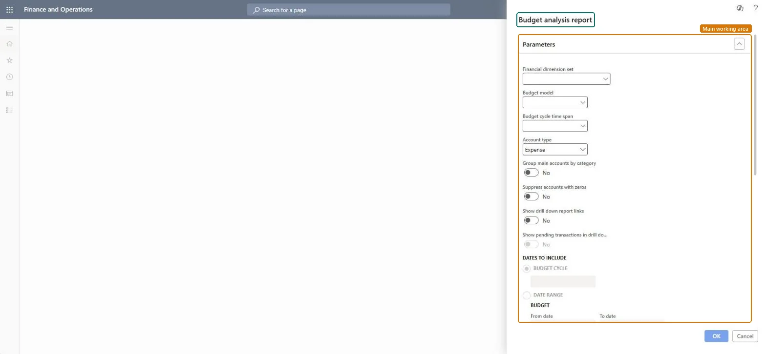 Budget analysis report page in Dynamics 365