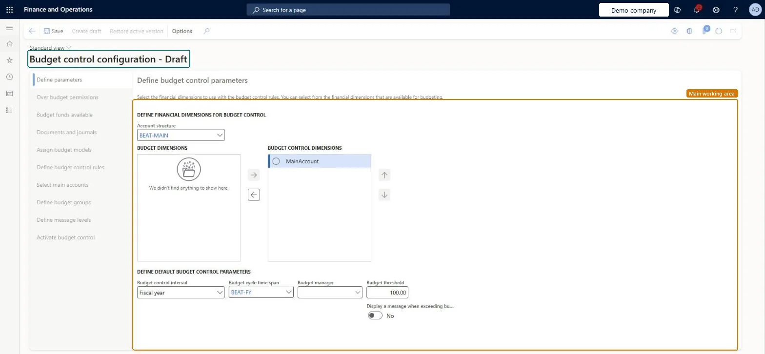 Budget control configuration page in Dynamics 365