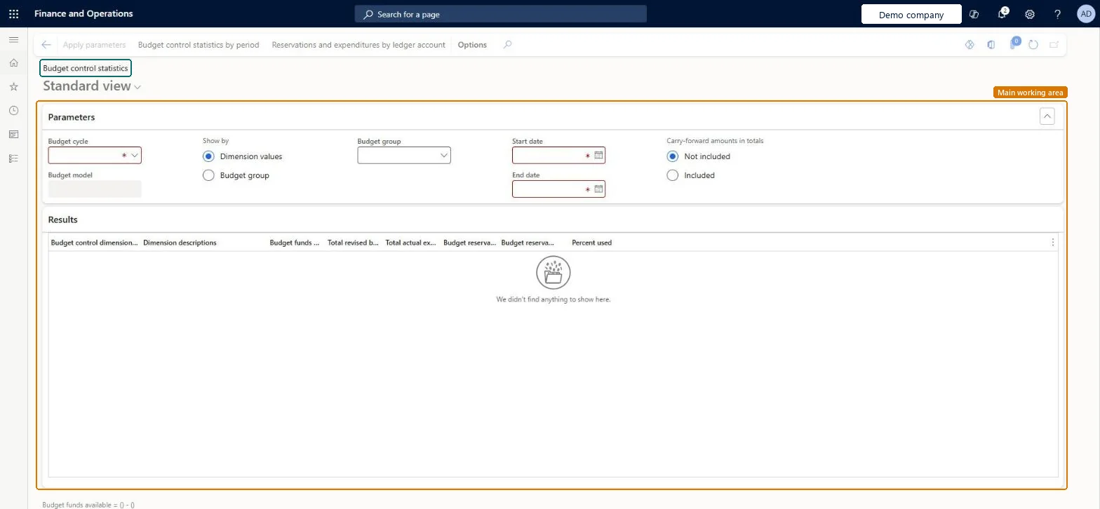 Budget control statistics page in Dynamics 365