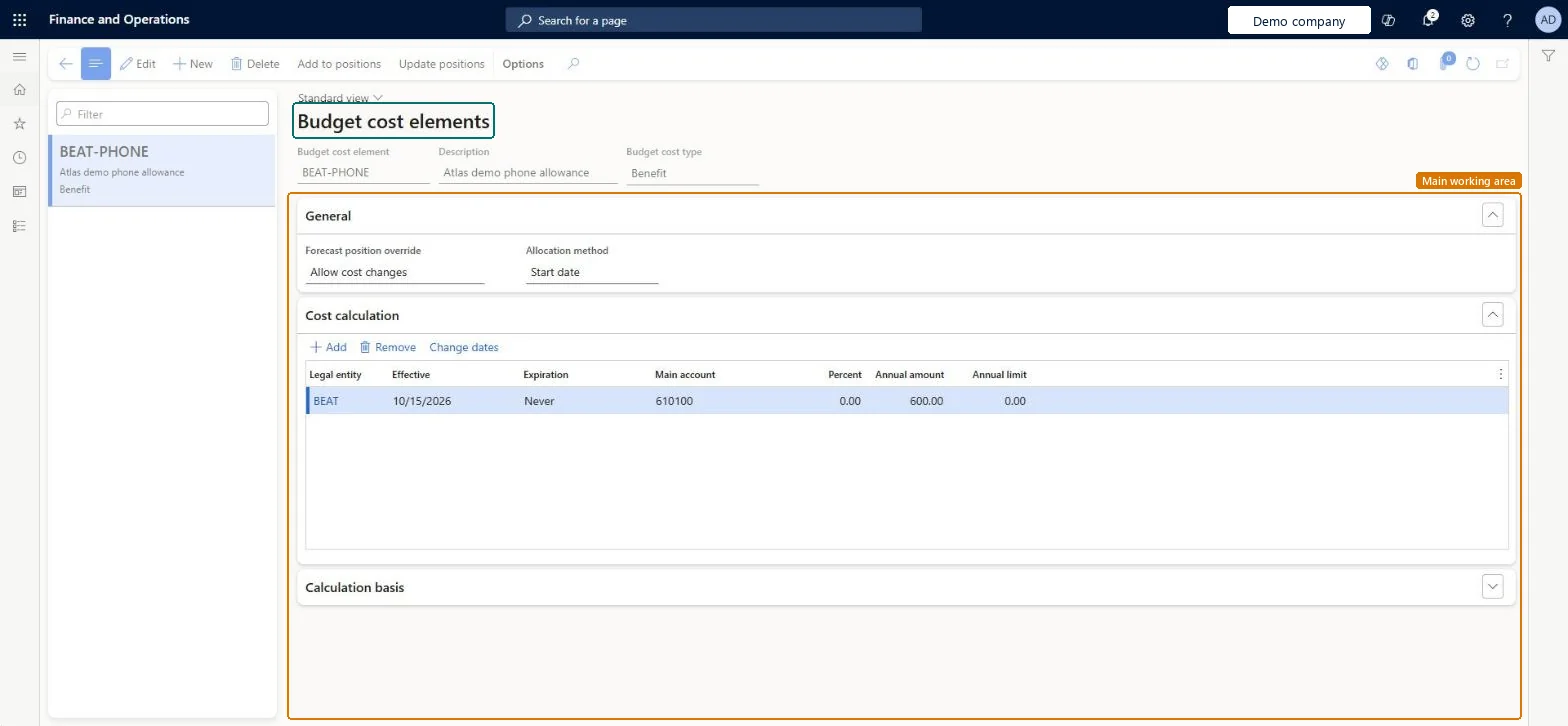 Budget cost elements page in Dynamics 365