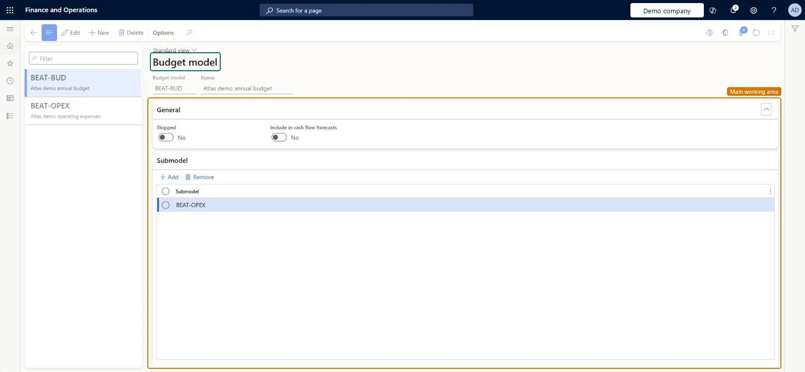 Budget models page in Dynamics 365