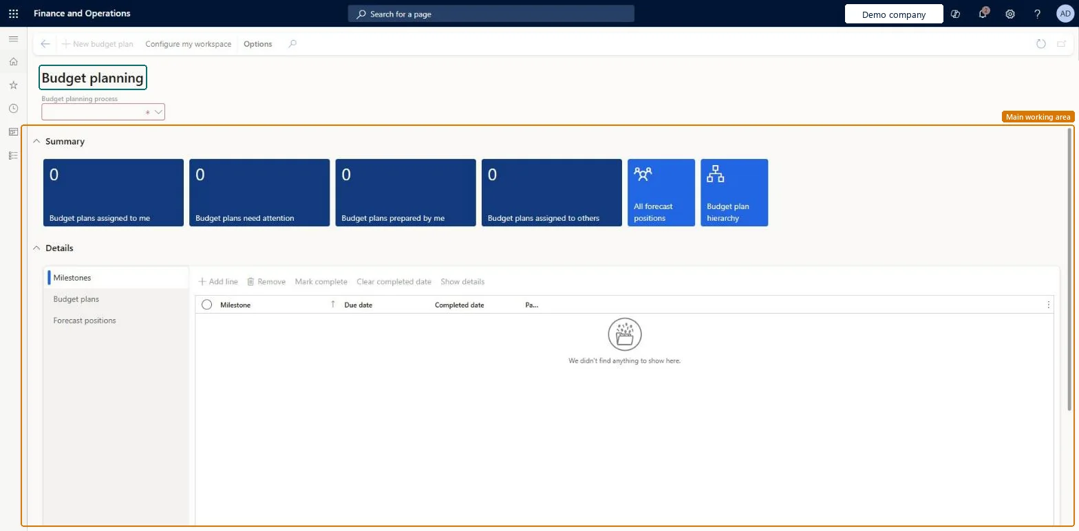 Budget planning page in Dynamics 365