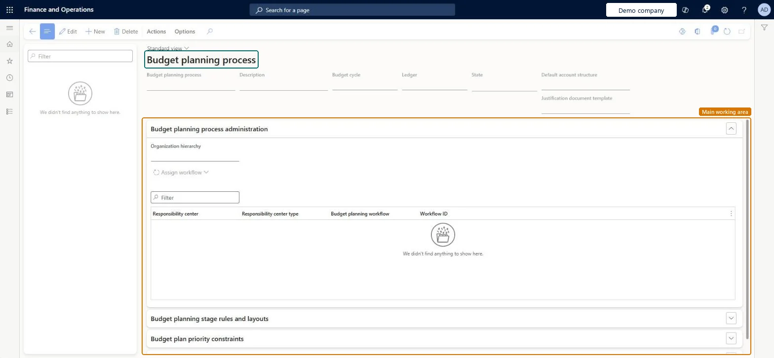 Budget planning process page in Dynamics 365