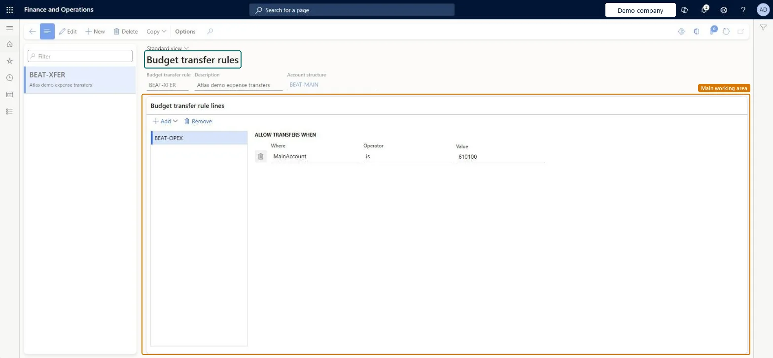 Budget transfer rules page in Dynamics 365