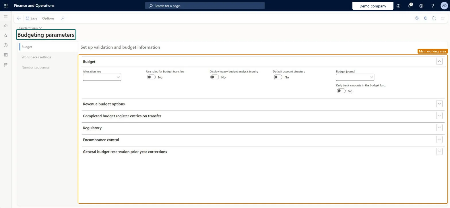 Budgeting parameters page in Dynamics 365