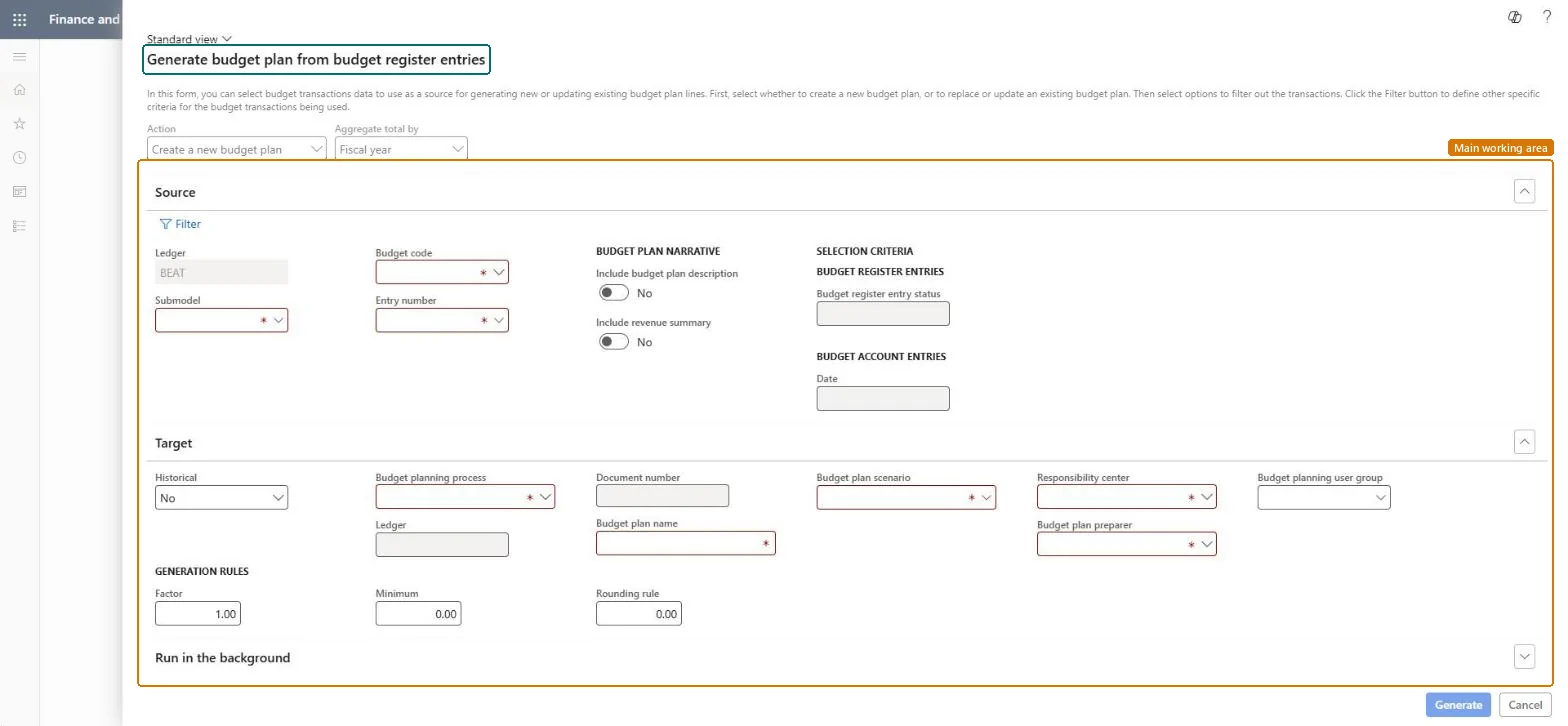 Generate budget plan from budget register entries page in Dynamics 365