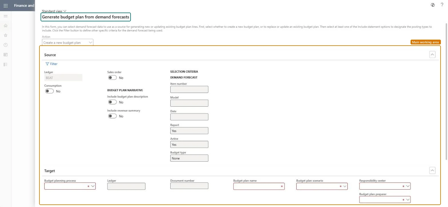 Generate budget plan from demand forecasts page in Dynamics 365