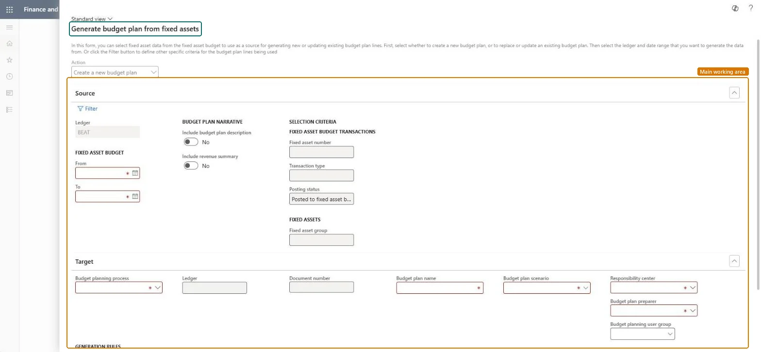 Generate budget plan from fixed assets page in Dynamics 365