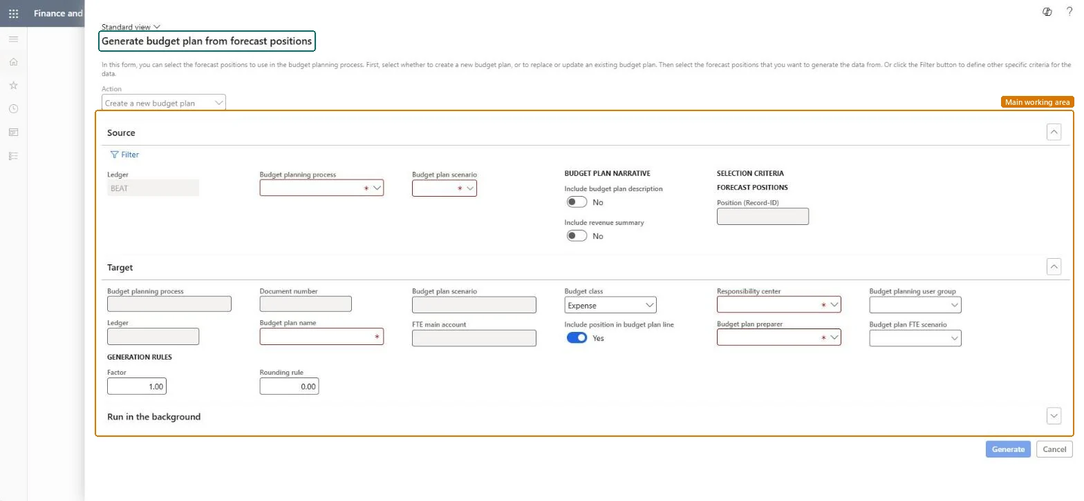 Generate budget plan from forecast positions page in Dynamics 365