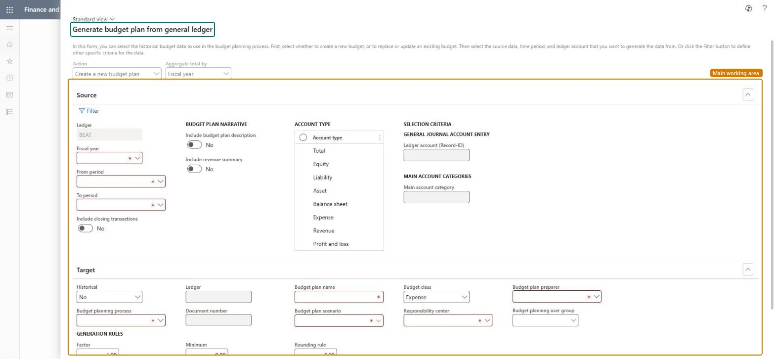 Generate budget plan from general ledger page in Dynamics 365
