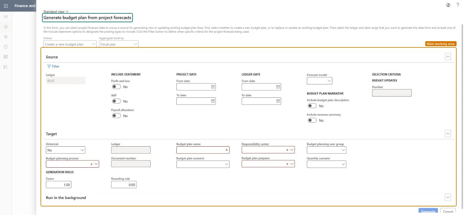 Generate budget plan from project forecasts page in Dynamics 365