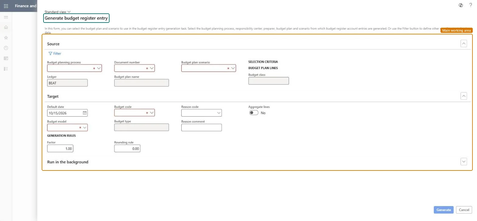 Generate budget register entry page in Dynamics 365