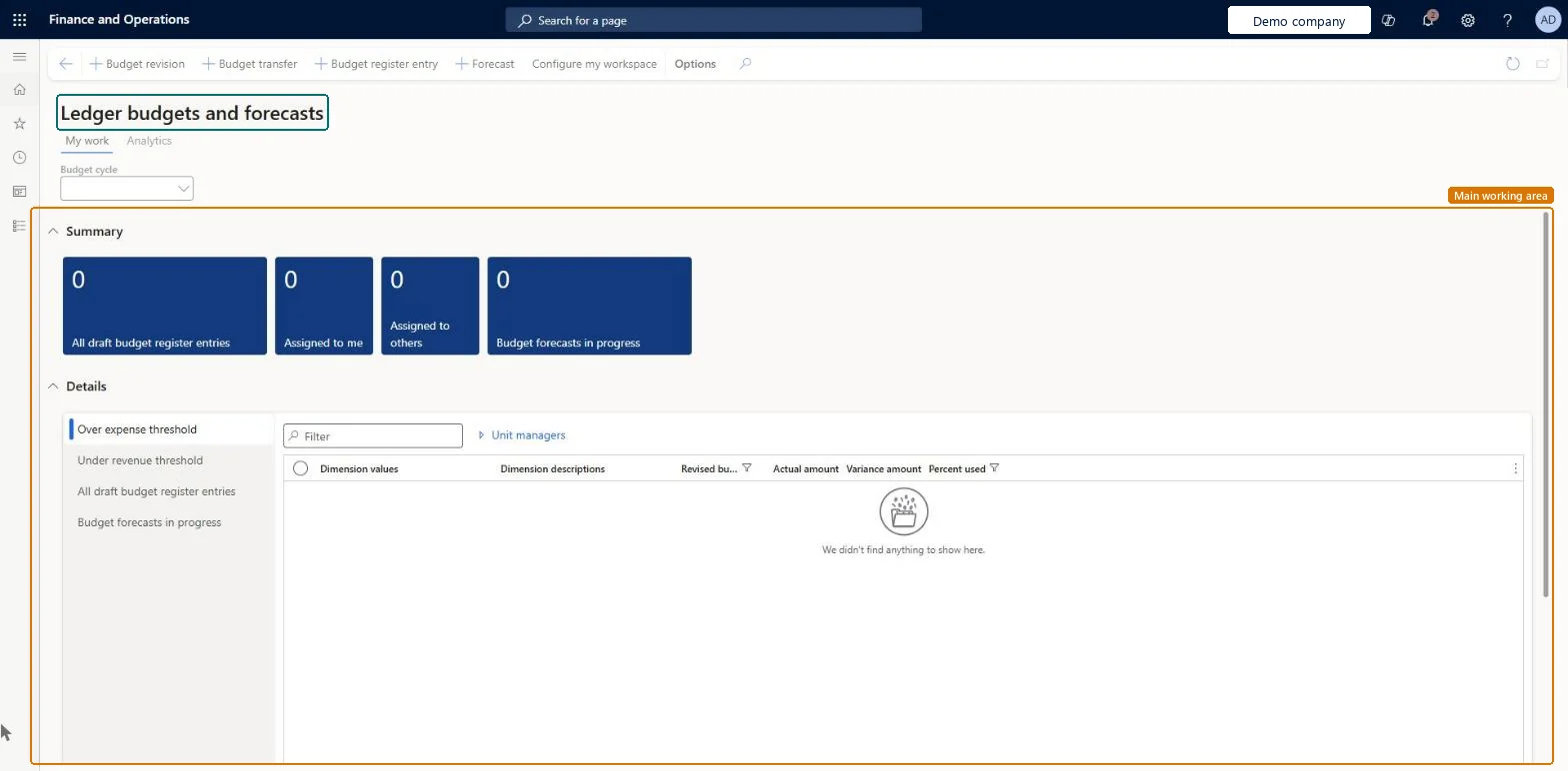 Ledger budgets and forecasts page in Dynamics 365