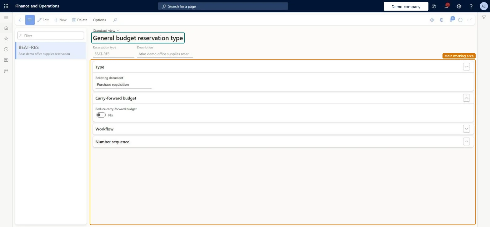 Reservation type page in Dynamics 365